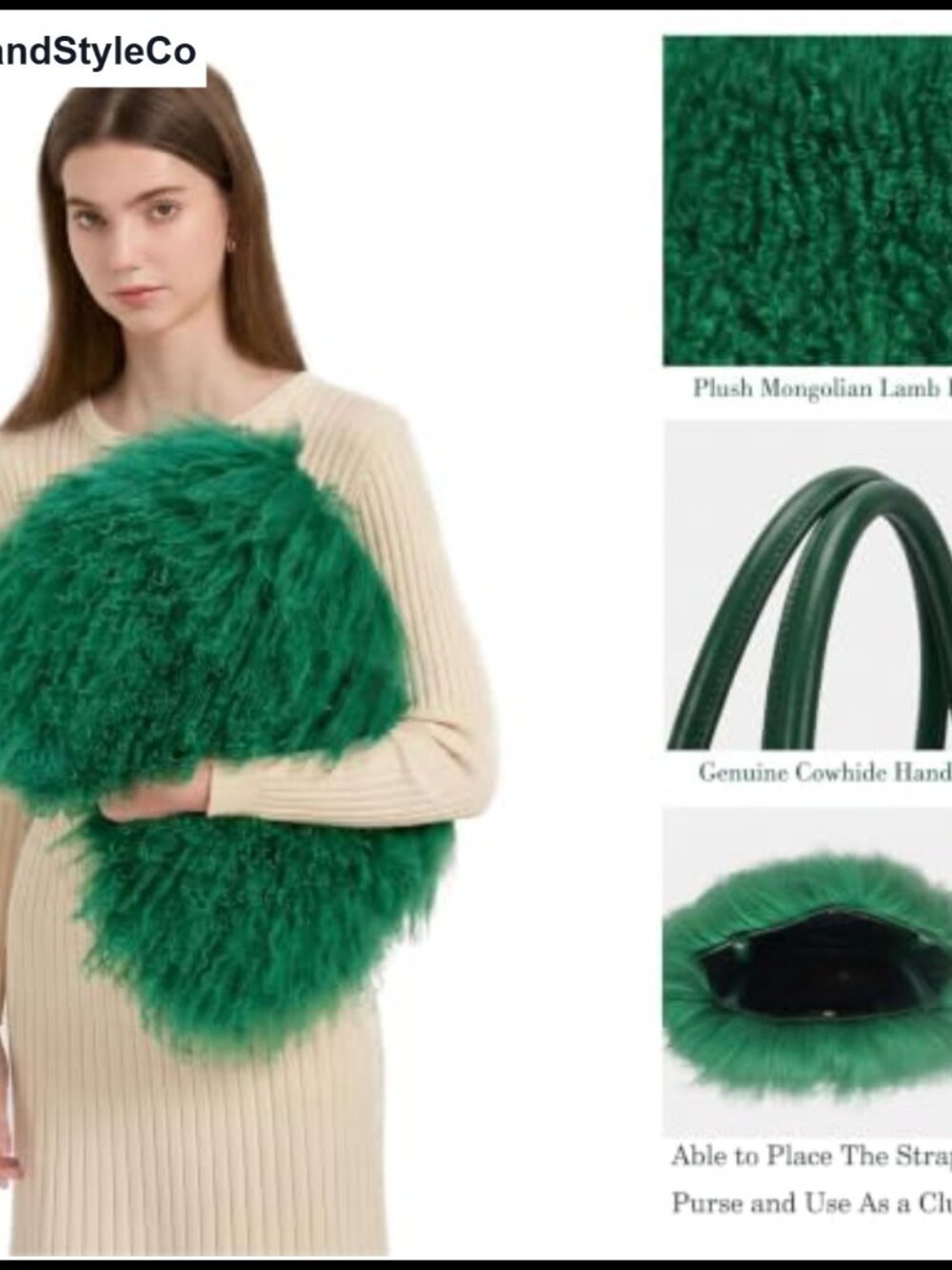 Real Mongolian Lamb Fur Hobo Bag Genuine Leather Handles Button Close - Picture 5 of 6